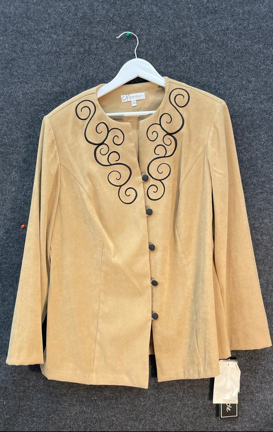 Vintage 90s Dressbarn Woman Tan Embroidered Open Front Jacket NWT Sz 18W