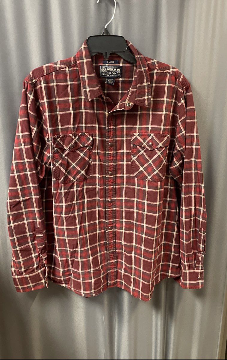 American Rag Men's Red Plaid Long Sleeve Western Snap Front Cotton Shirt Sz XL