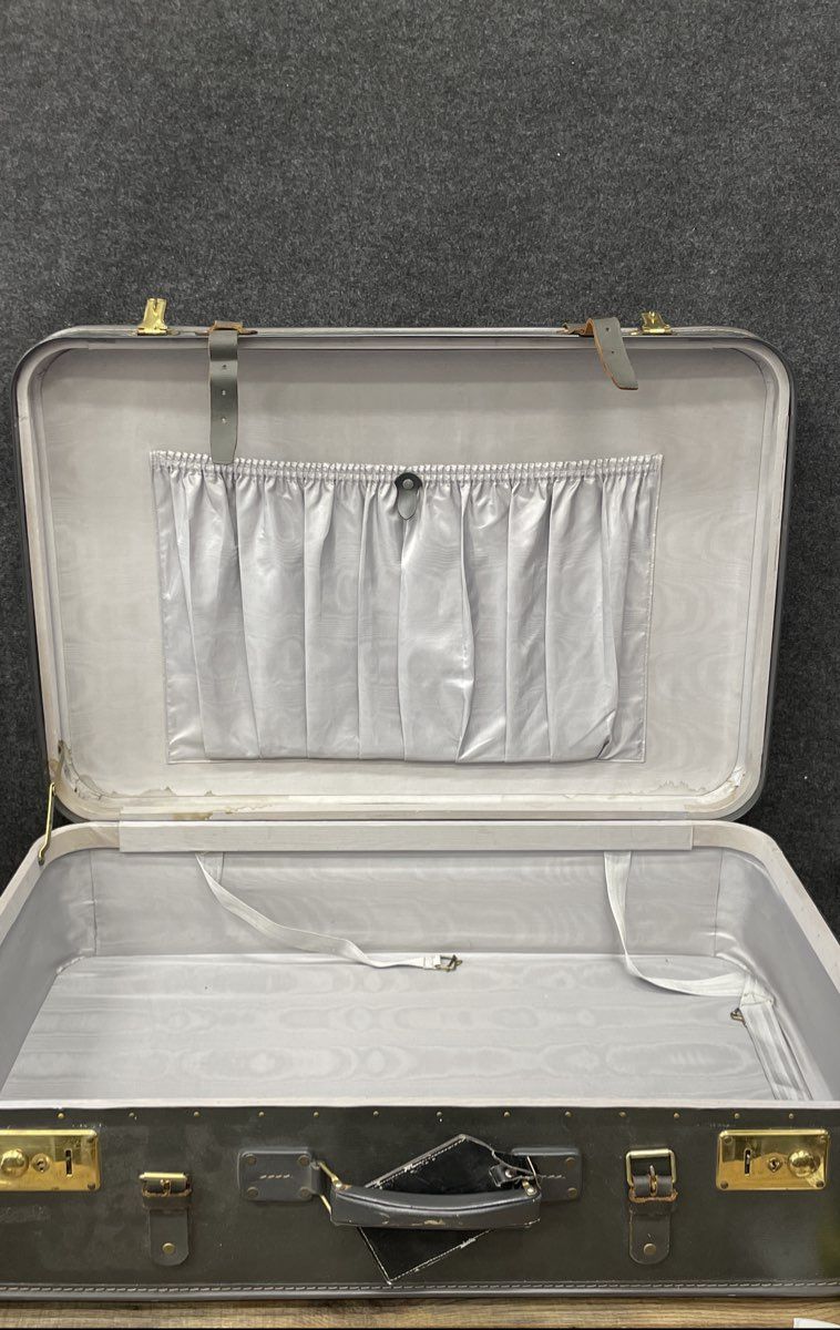 Vintage Grey Hardshell Suitcase Large Travel Luggage Brass Hardware