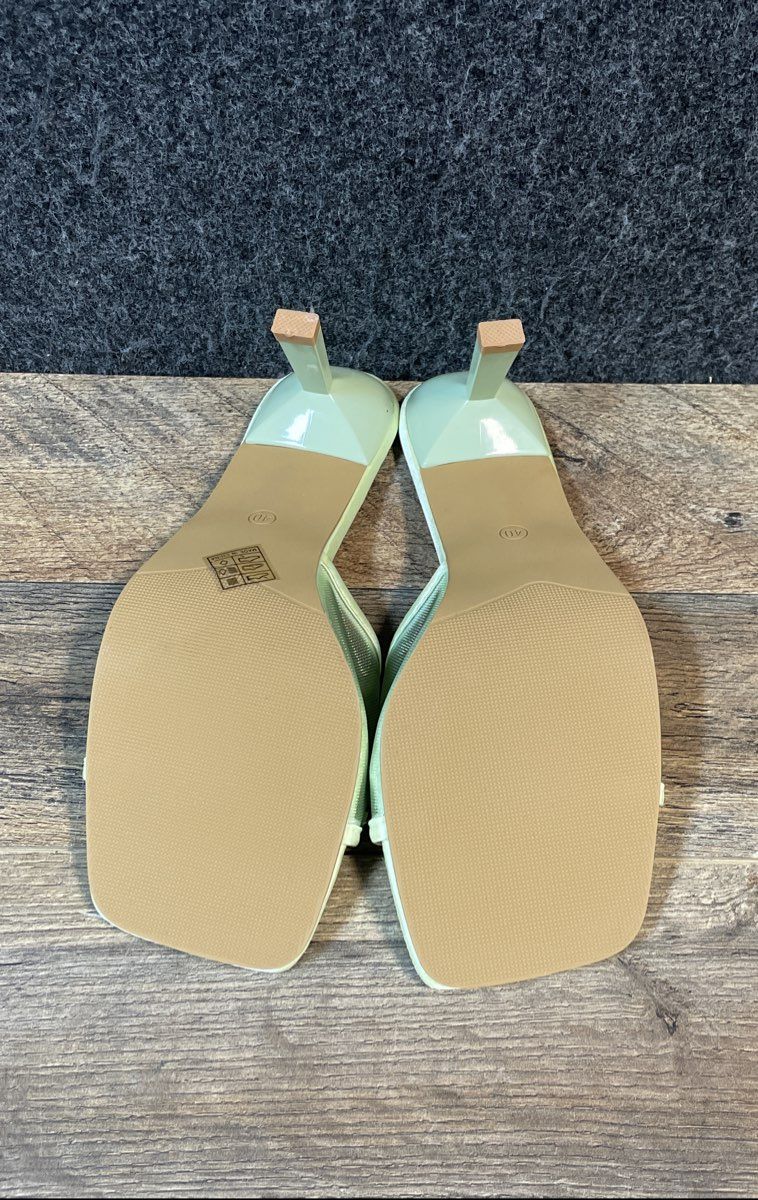 Mint Green Satin Mesh Bow Square Toe Slide Sandals Mules Women's Size 40