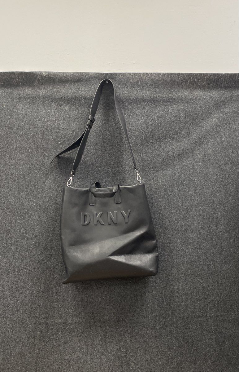 DKNY Black Leather Embossed Logo Large Tote Bag Crossbody Silver Hardware