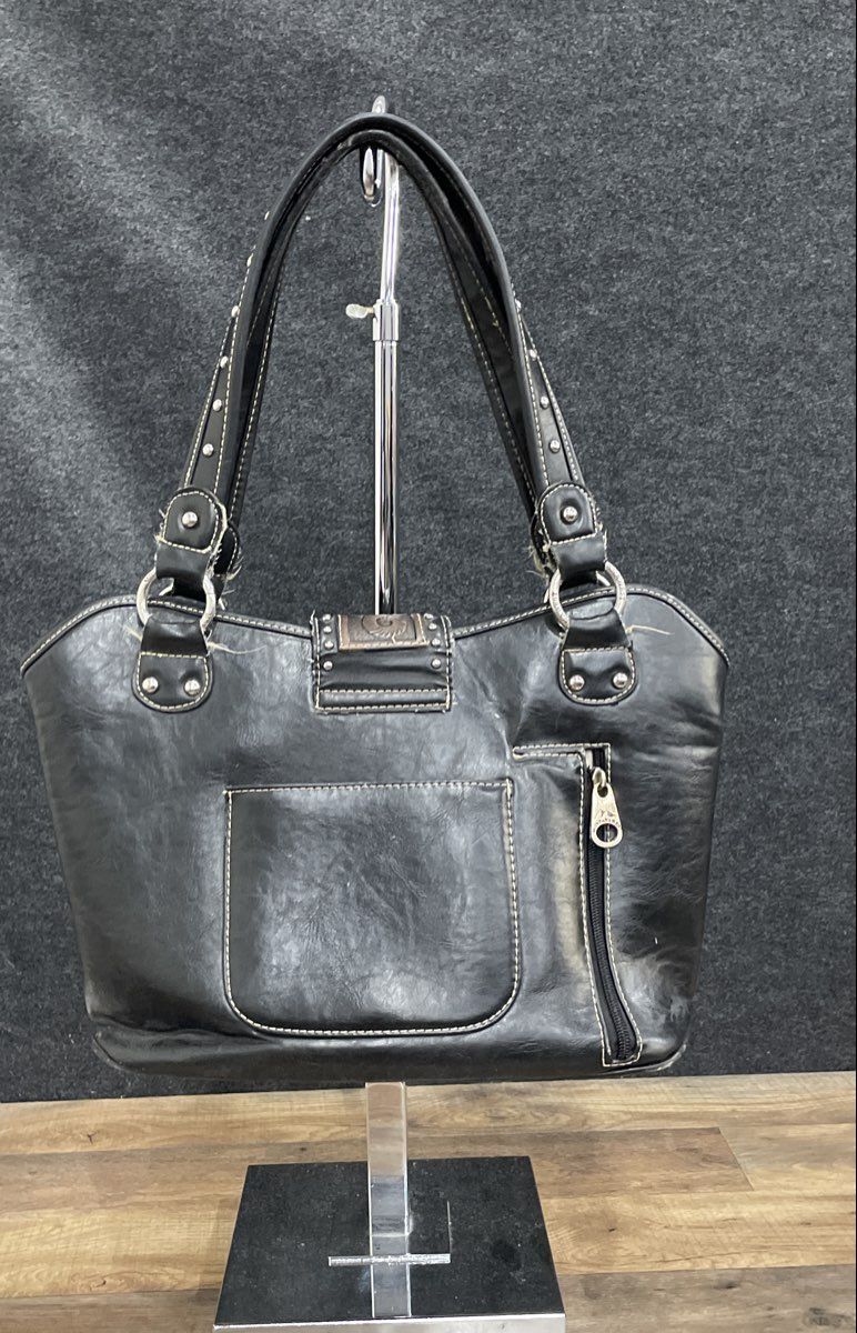 Montana West Black Brown Tooled Leather Western Studded Shoulder Tote Bag