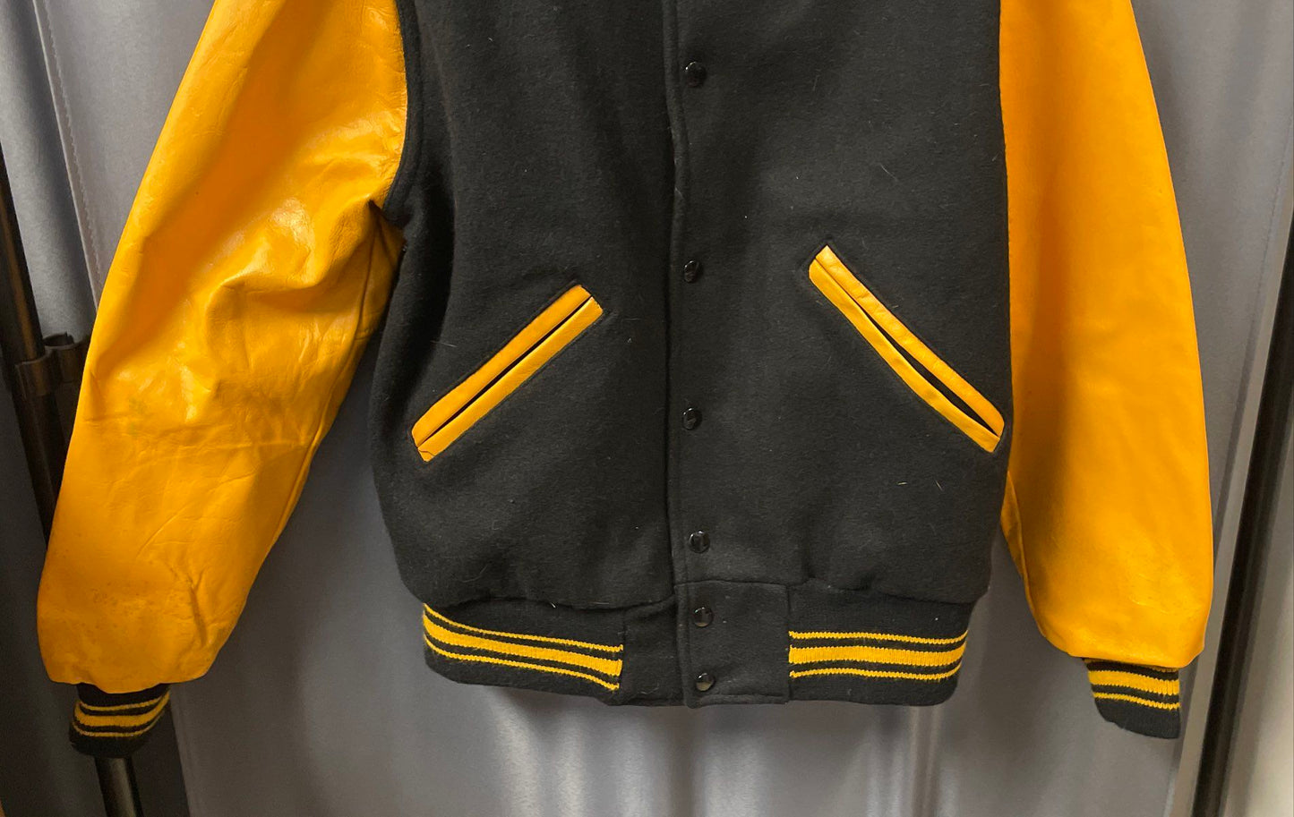 Vintage Kaye Bros Black Wool Yellow Leather Varsity Letterman Jacket Sz 36 38