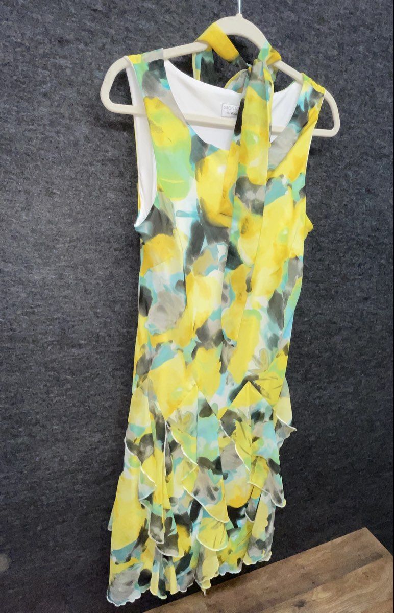 Robbie Bee Women's Yellow Floral Tiered Ruffle Tie Neck Dress Size M