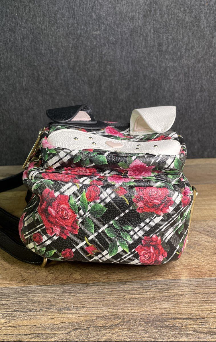 Betsey Johnson Kitsch Mini Backpack Plaid Floral Rose Dog Face Frenchie