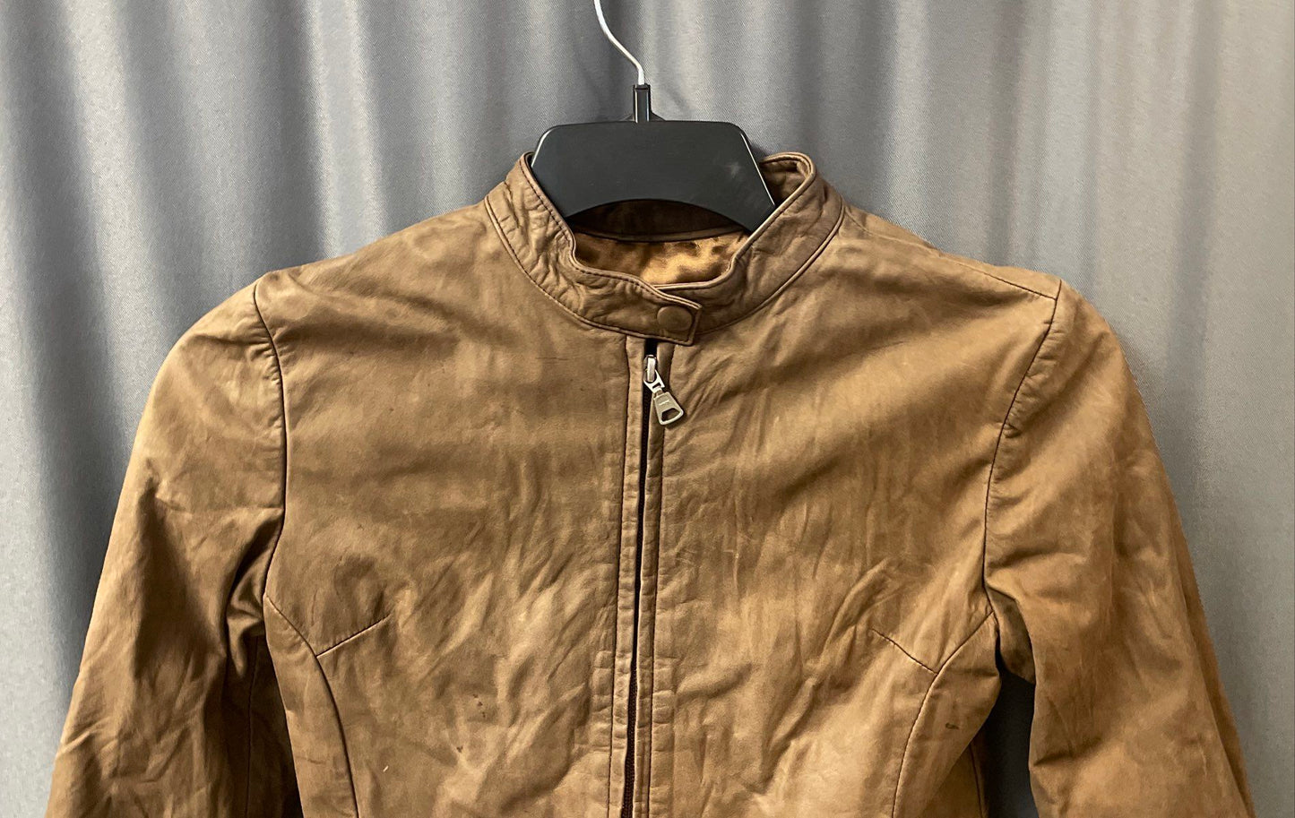 Afrika Kueros Women's Brown Leather Cafe Racer Jacket Mock Neck Full Zip Sz S