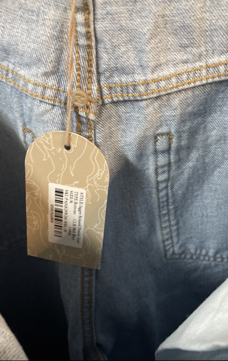 Meshki Women's Jagger Relaxed Denim Cargo Jeans Mid Blue 100% Cotton Sz M NWT