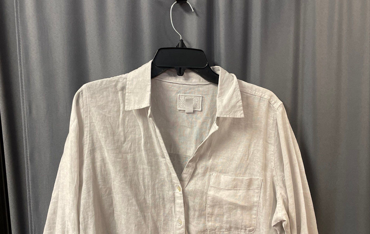 Sigrid Olsen Women's White 100% Linen Roll Tab Sleeve Button Front Shirt Sz M