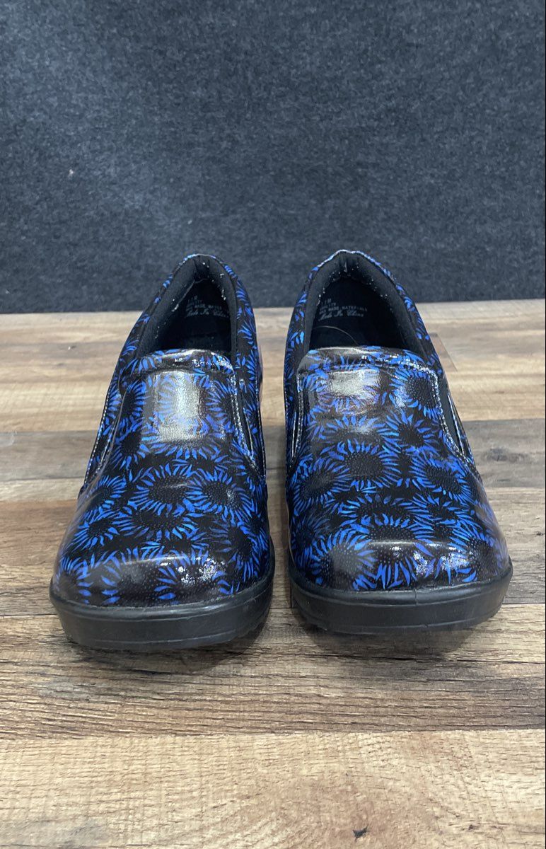 Easy Works by Easy Street Lyndee Black Blue Floral Slip Resistant Clogs Size 11