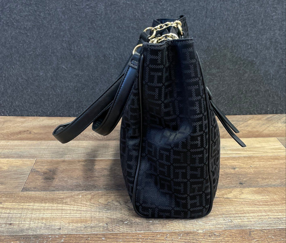 Tommy Hilfiger Black Monogram Jacquard Shoulder Tote Bag Gold Hardware