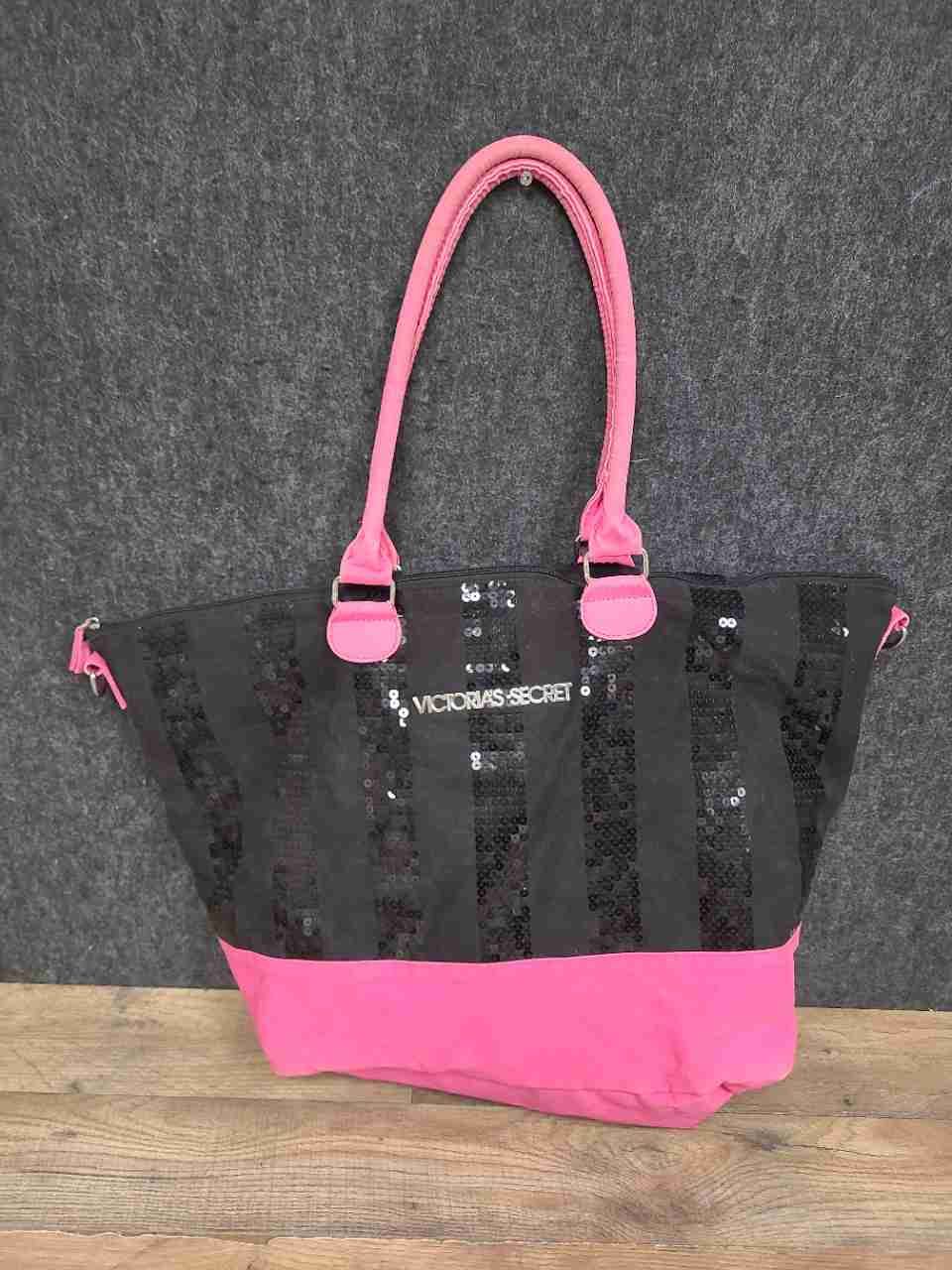 Victoria's Secret Sequin Canvas Tote Bags Striped Pouch Pink Black Lot of 3