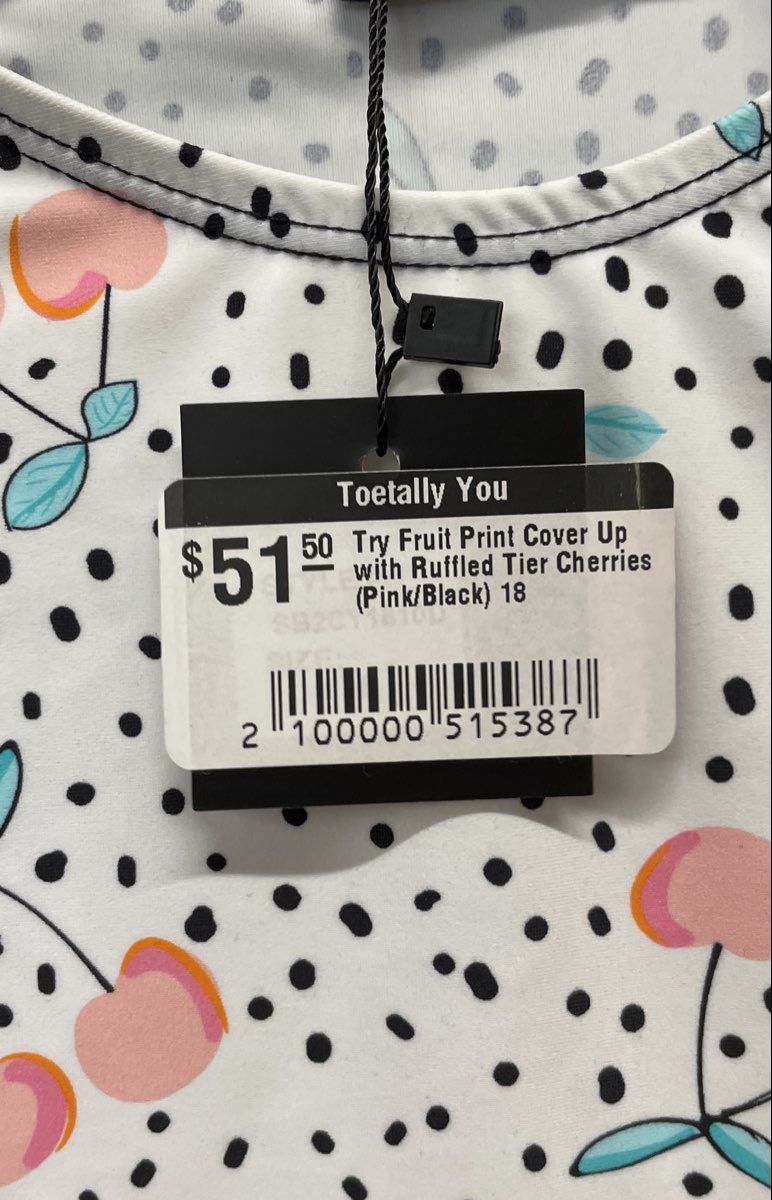TRY Women's Fruit Print Cover Up Dress White Black Ruffled Cherry NWT Sz 18