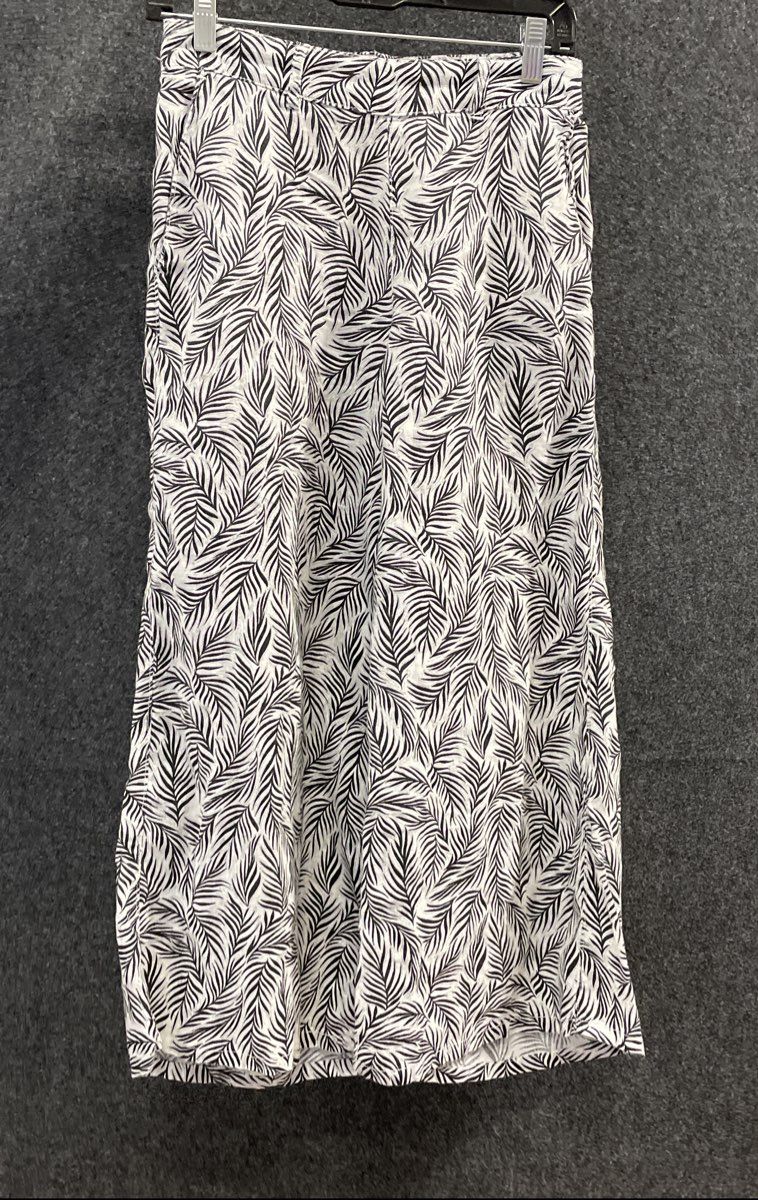 Tahari Women's White Black Fern Pattern 100% Linen Wide Leg Pants Sz S