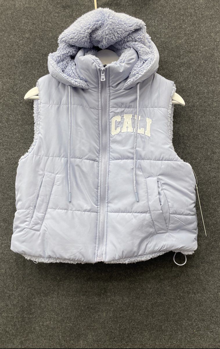 Madden Girl Juniors Hooded Puffer Vest Frozen Peri Blue Sherpa Lined Cali Sz M