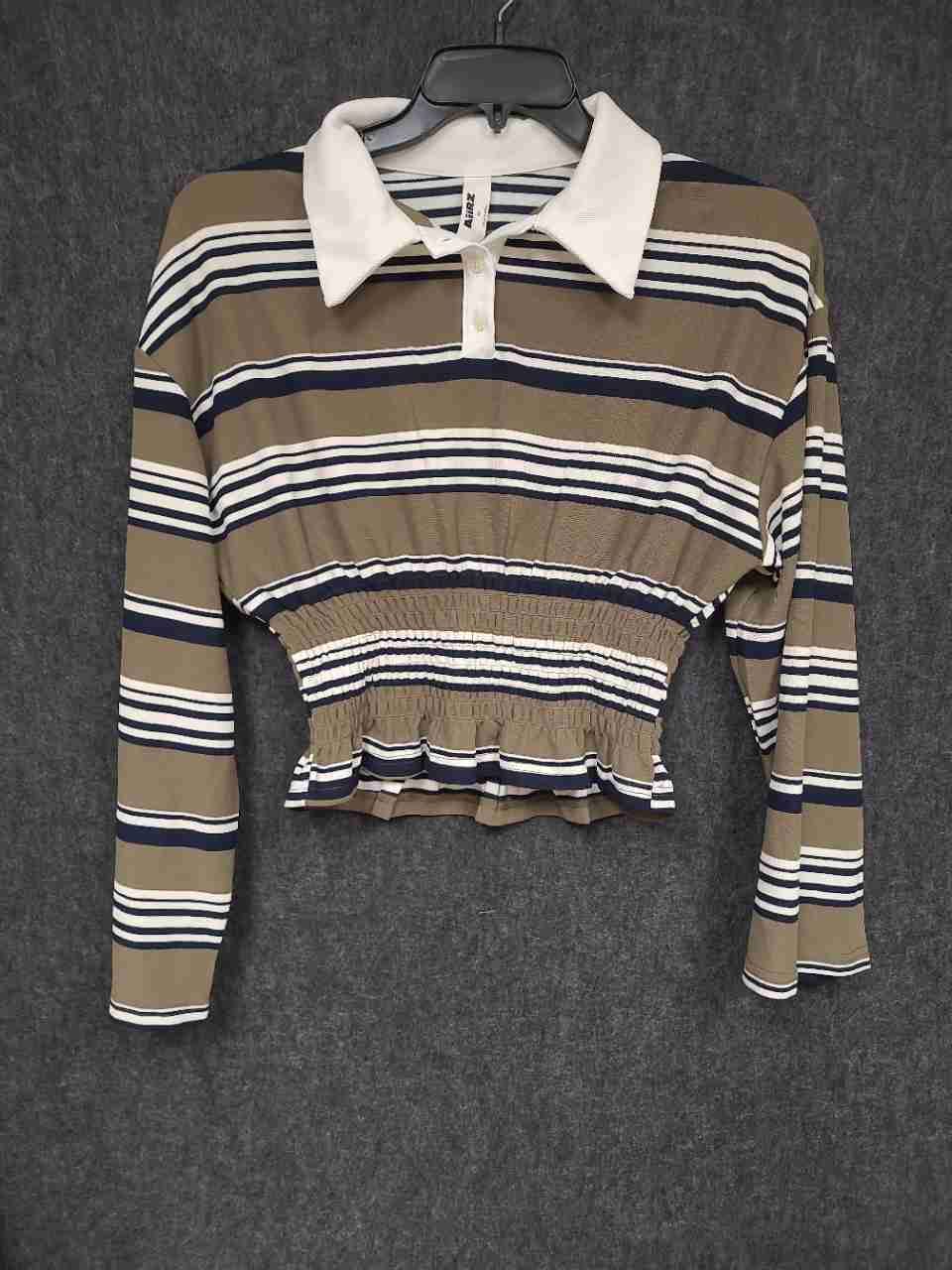 Aiirz Women's Striped Long Sleeve Polo Cropped Top Olive Navy Smocked Waist XS