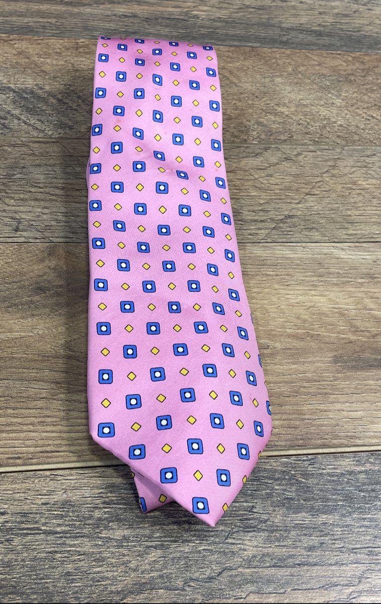 Lauren Ralph Lauren Men's Pink Blue Geometric Square Diamond Pattern Silk Tie