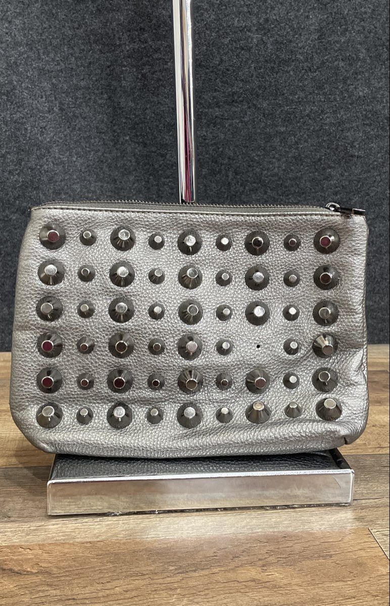 Traci Lynn Silver Leather Studded Clutch Bag Gunmetal Hardware Large Handbag
