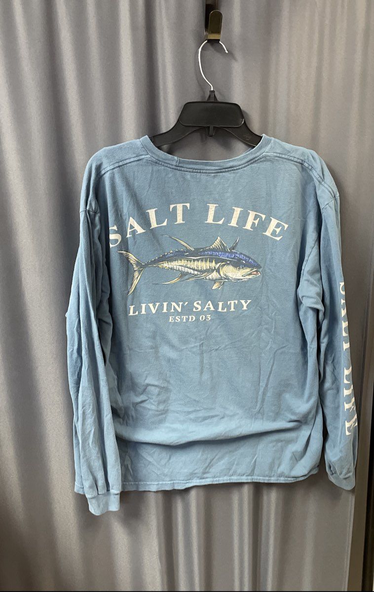 Salt Life Men's Blue Long Sleeve Pocket T-Shirt Livin' Salty Tuna Graphic Sz L