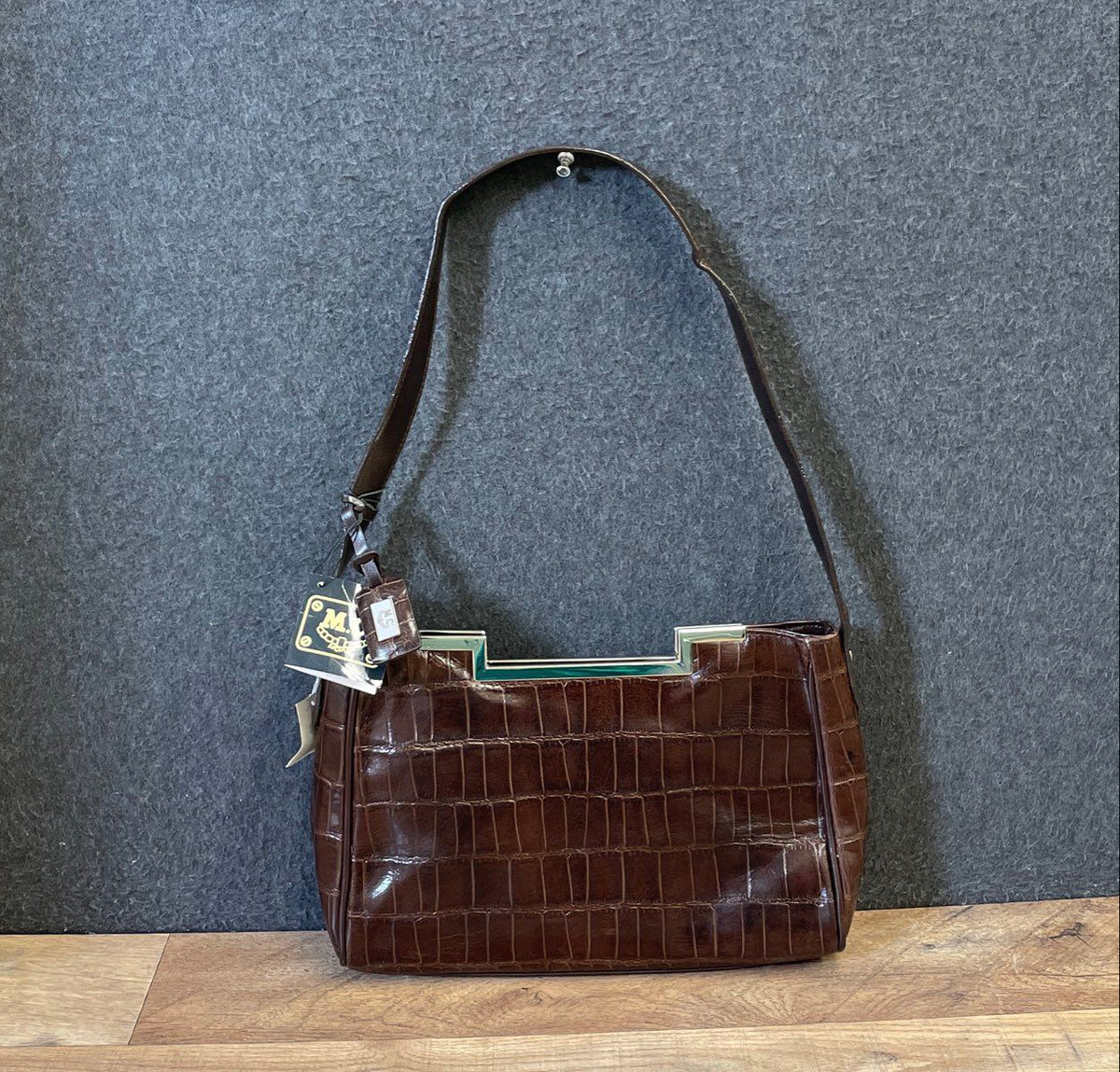 M.C. Brown Croc Embossed Genuine Leather Frame Shoulder Bag NWT 9033