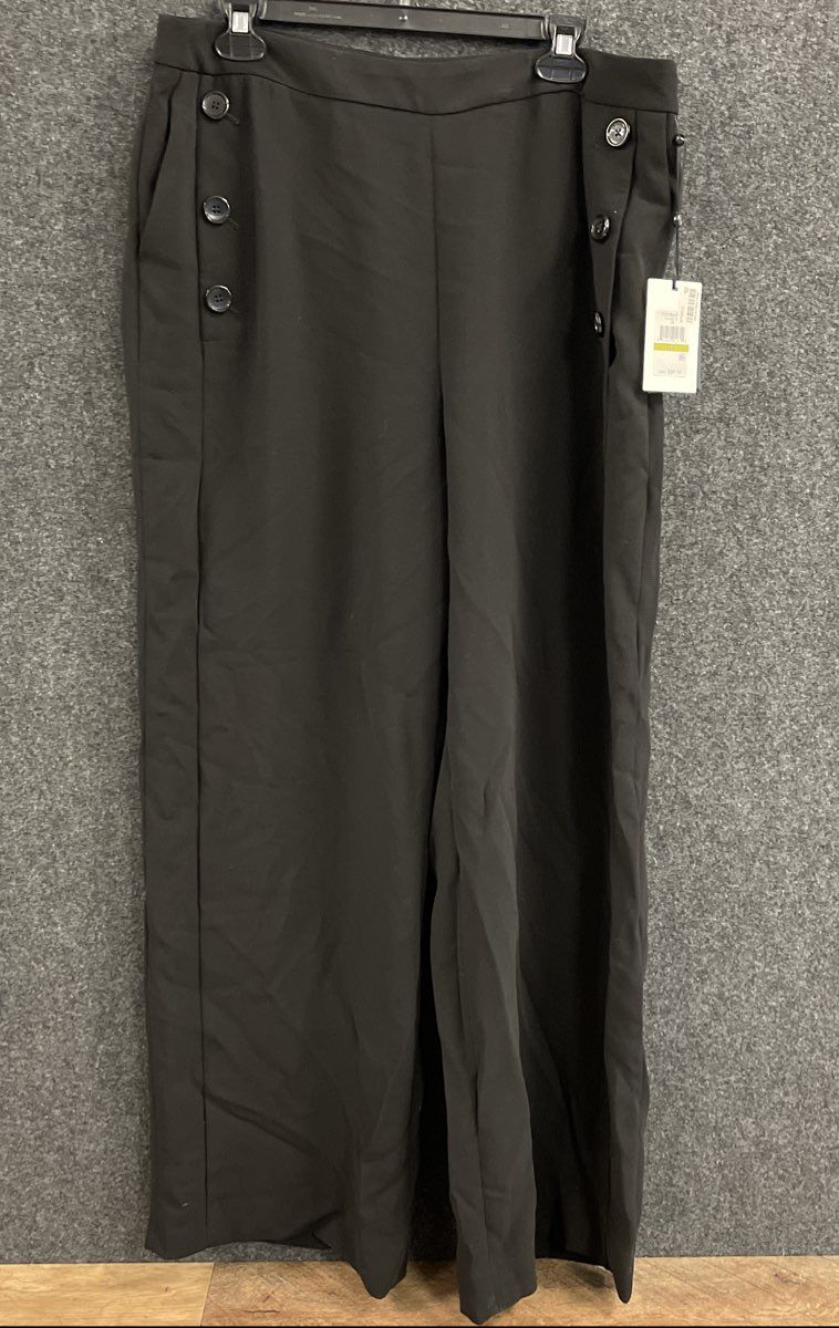 DKNY Women's Black Foundations Wide Leg Sailor Button Detail Trousers Sz 14 NWT