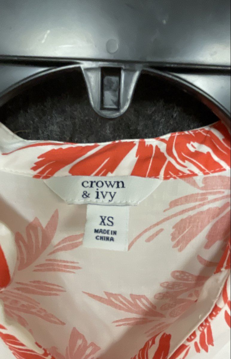 Crown & Ivy Women's White Orange Tropical Floral Puff Sleeve Mini Dress Sz XS