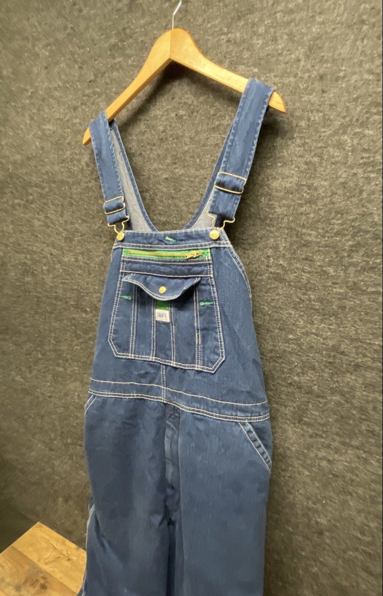 Liberty Men's Blue Denim Bib Overalls Green Zipper Carpenter Workwear