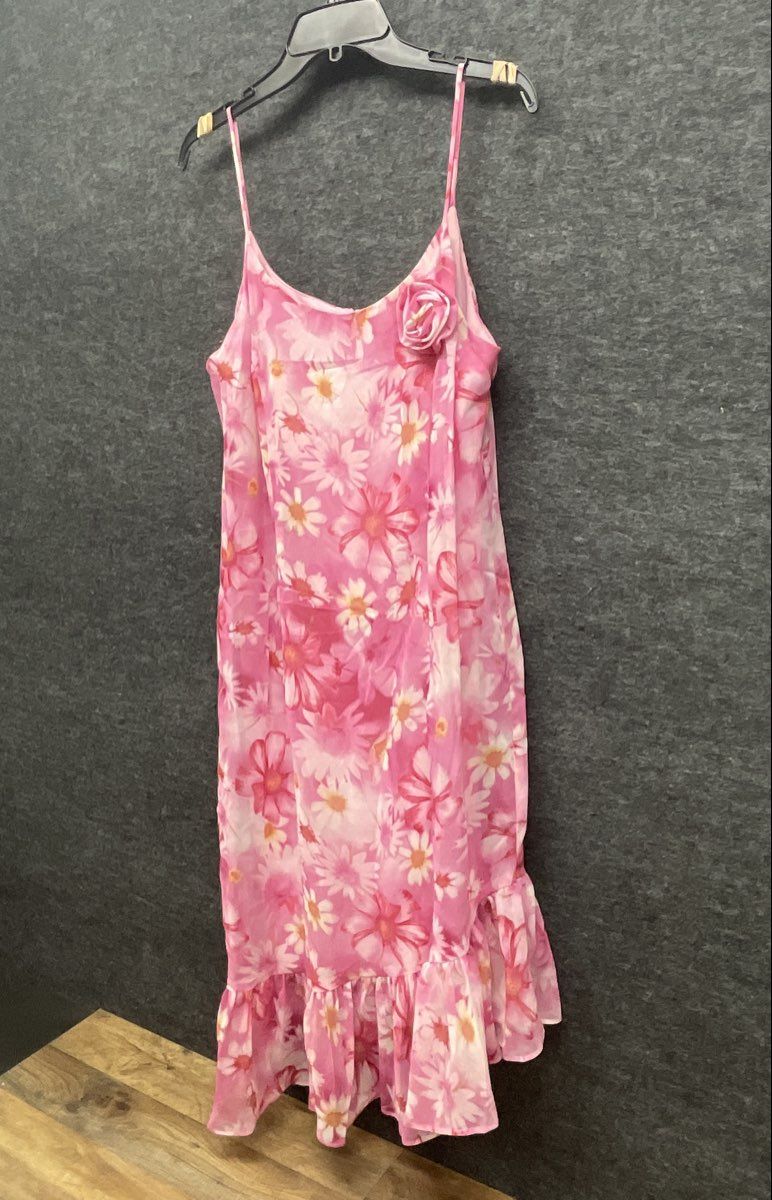 Vintage Y2K Donna Ricco Women's Pink Floral Ruffle Hem Spaghetti Strap Dress 14