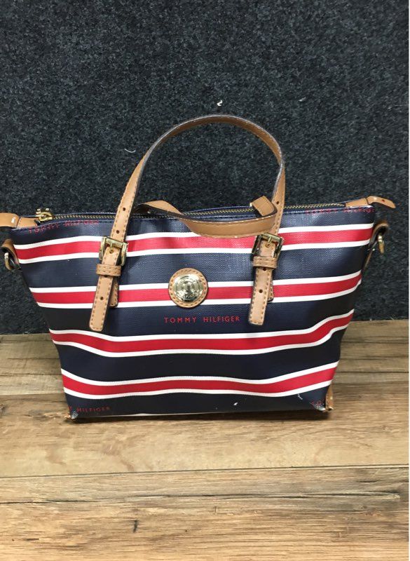 Tommy Hilfiger Navy Red White Striped Saffiano Satchel Handbag Gold Hardware