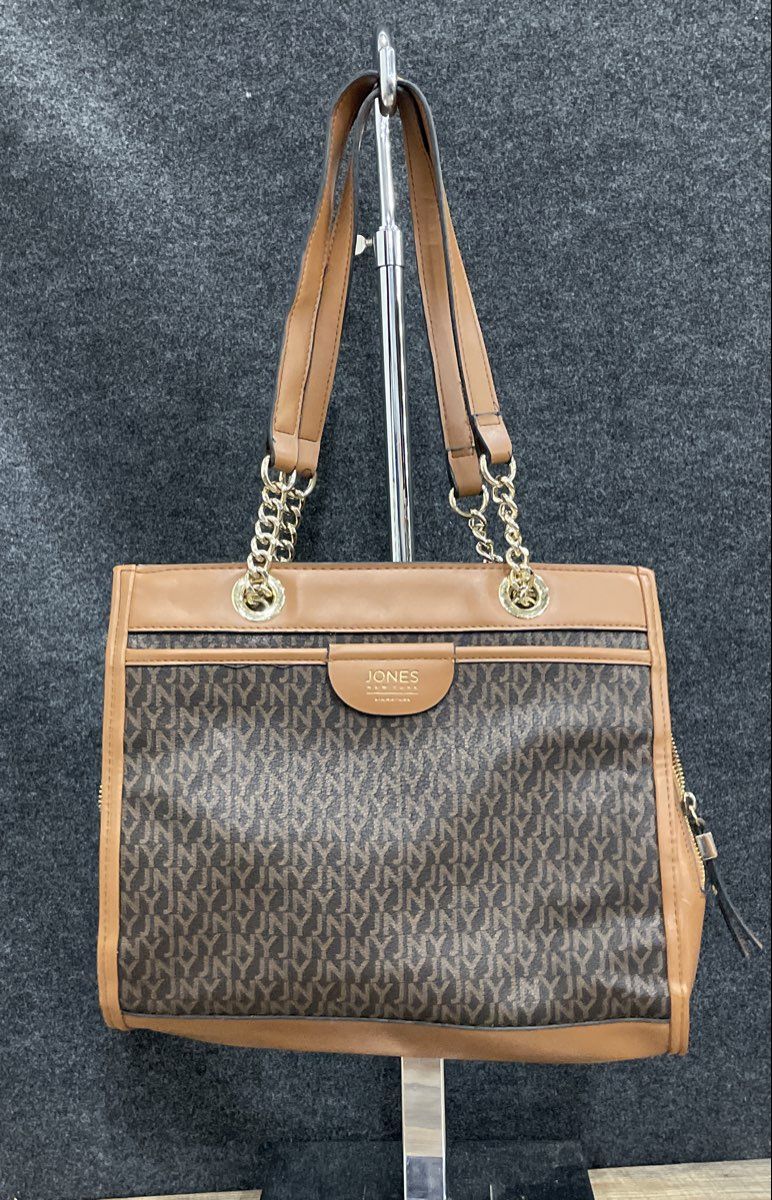 Jones New York Signature Brown Black Leather Monogram Tote Bag Gold Hardware