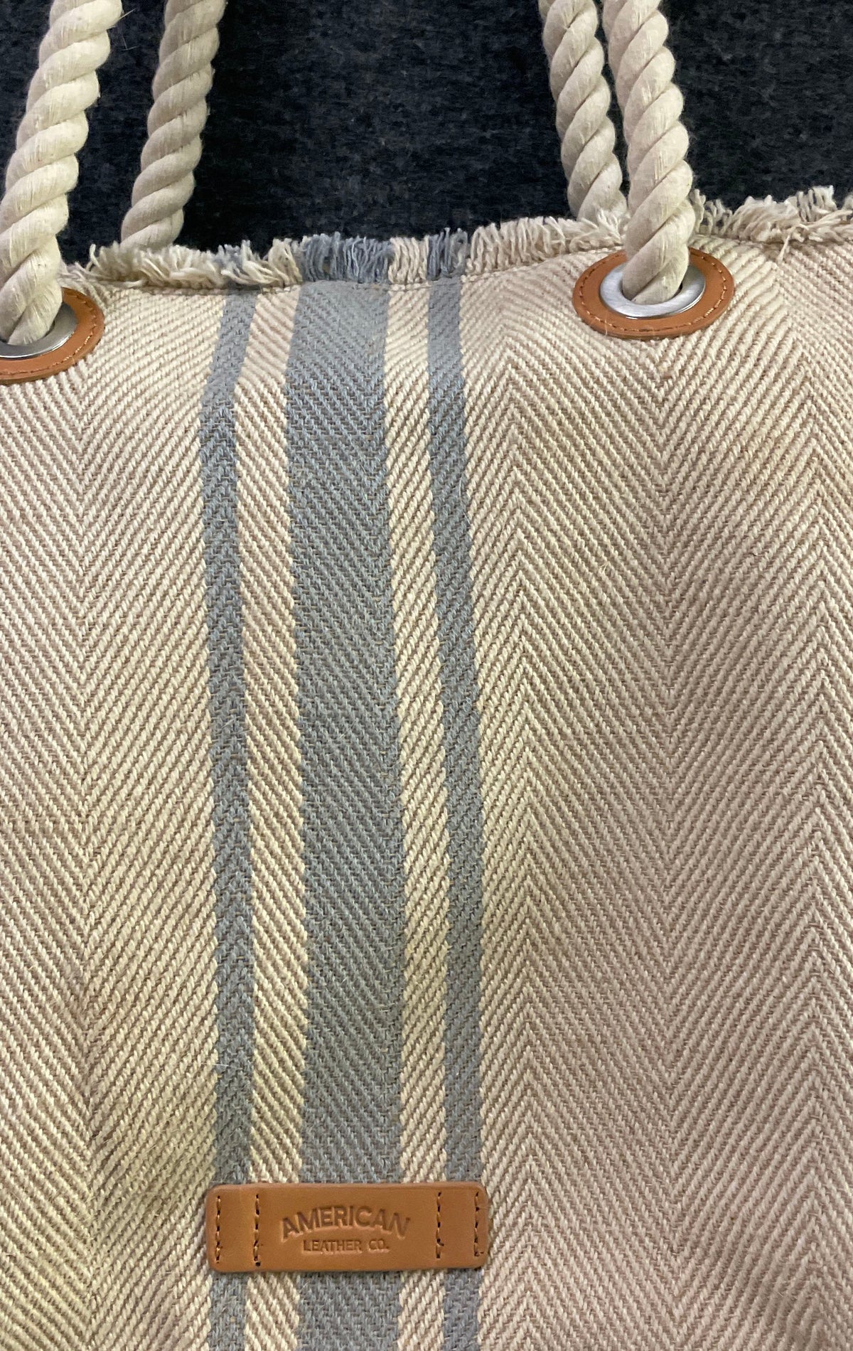American Leather Co Tan Blue Herringbone Striped Tote Bag Rope Handle Fringe