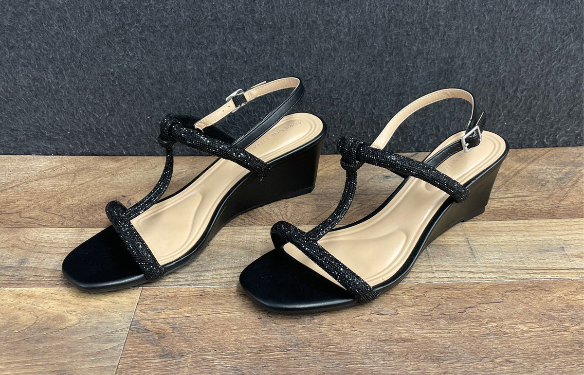 Adrienne Vittadini Adonnis Black Rhinestone T-Strap Wedge Sandals Size 9.5W