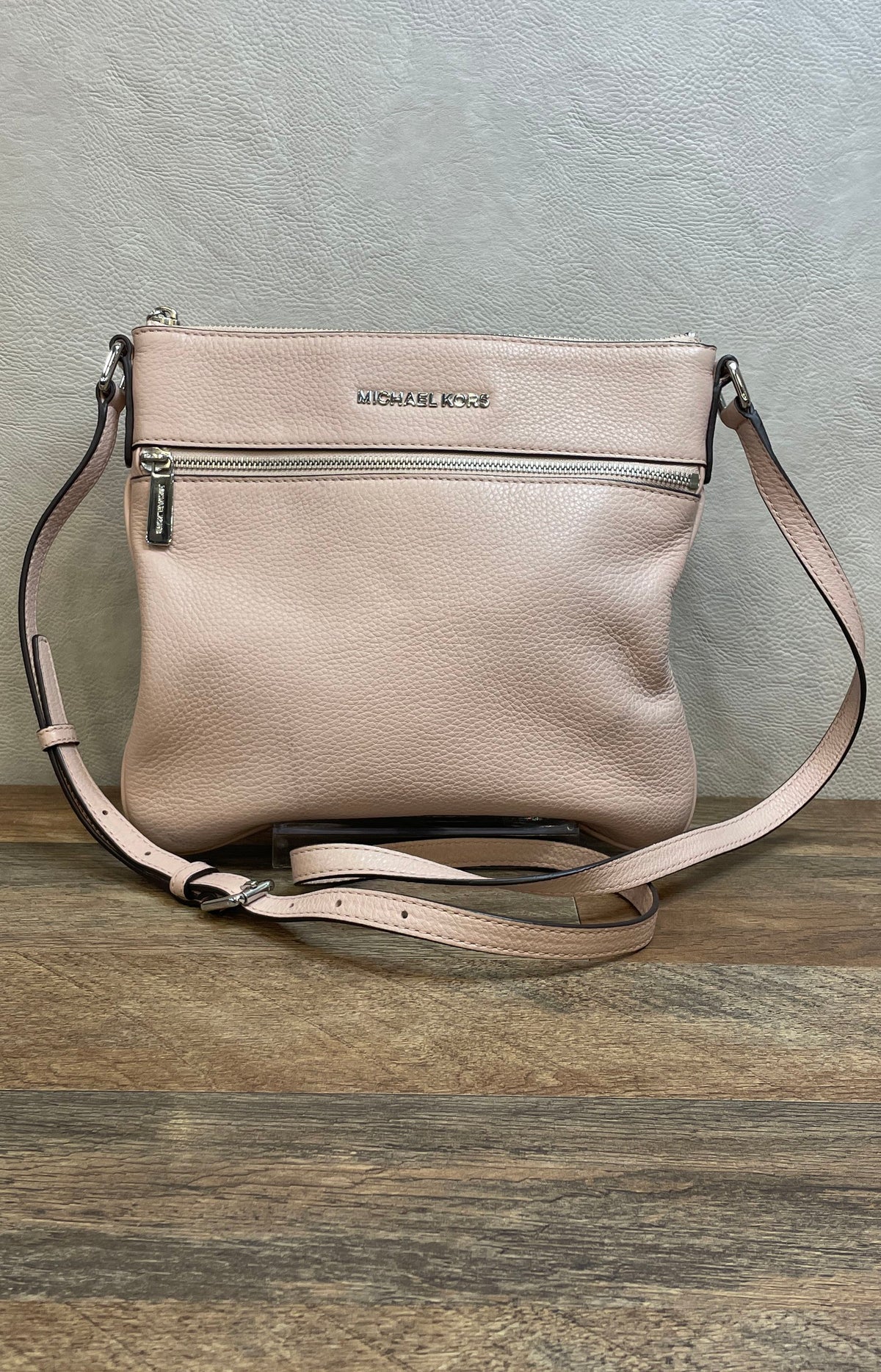 Michael Kors Blush Pink Pebbled Leather Flat Crossbody Bag Silver Hardware
