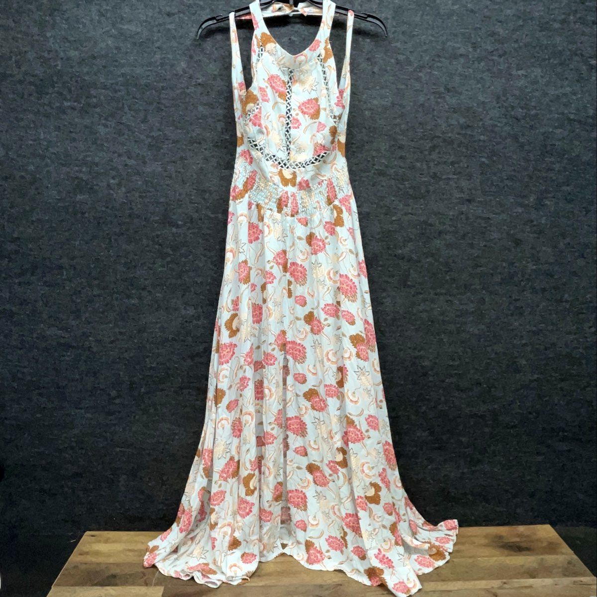 Women's Floral Halter Maxi Dress Blue Pink Crochet Trim Smocked Waist Tie Back