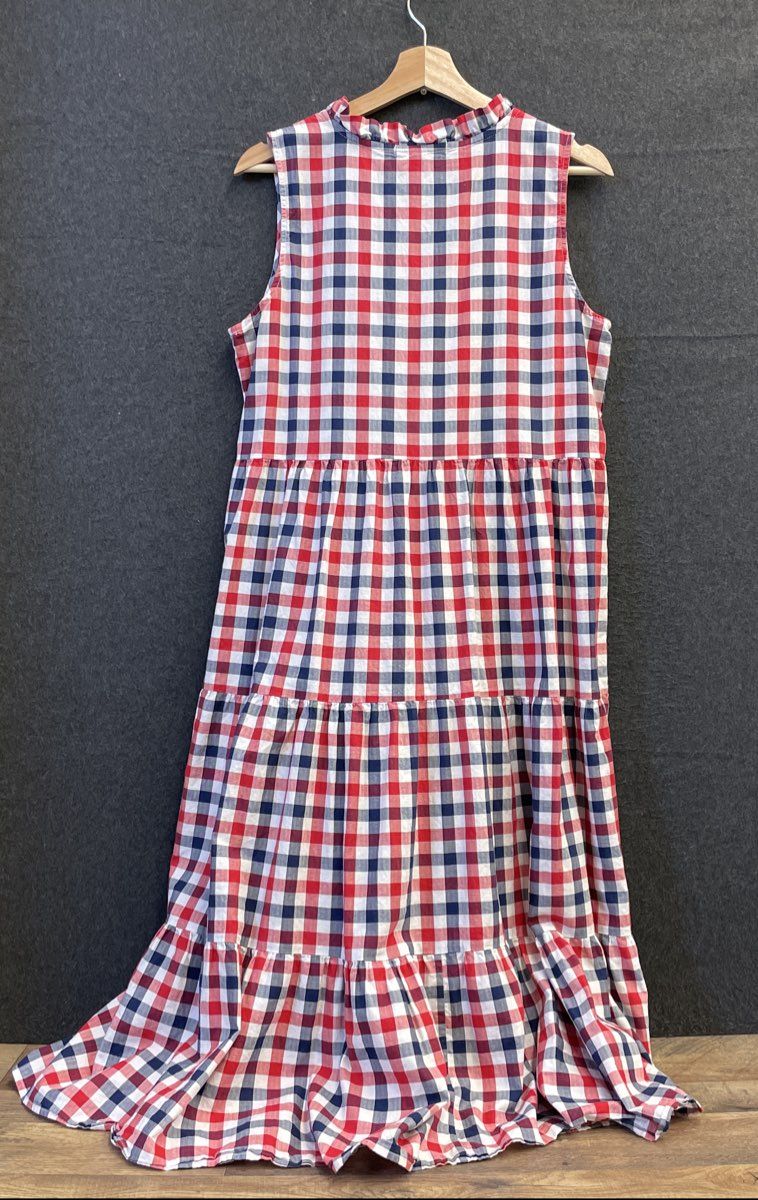 Cactus + Pearl Women's Red Blue White Gingham Plaid Tiered Cotton Dress Sz M