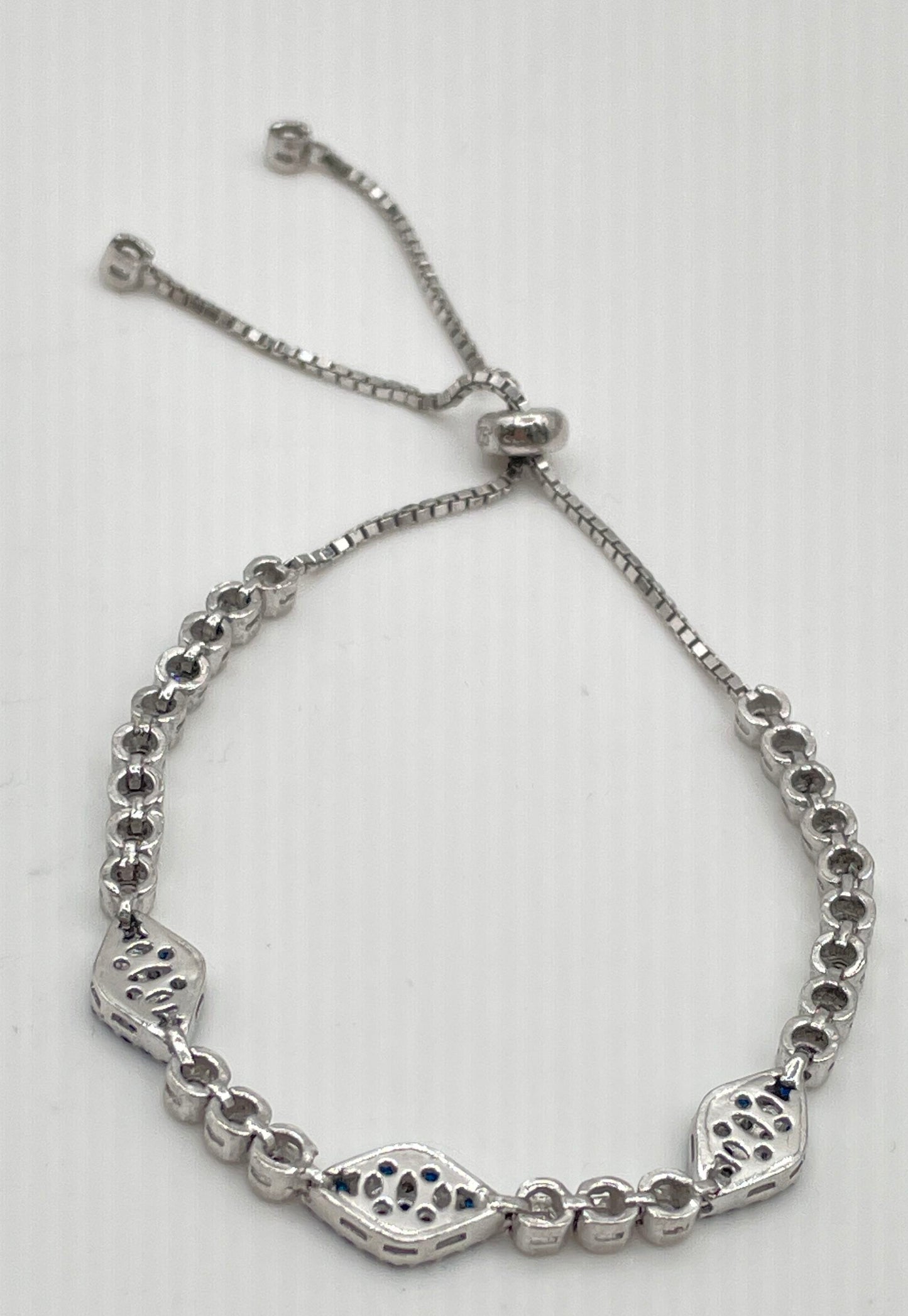 925 Sterling Silver Clear CZ Blue Sapphire Evil Eye Bolo Tennis Bracelet 8.6g