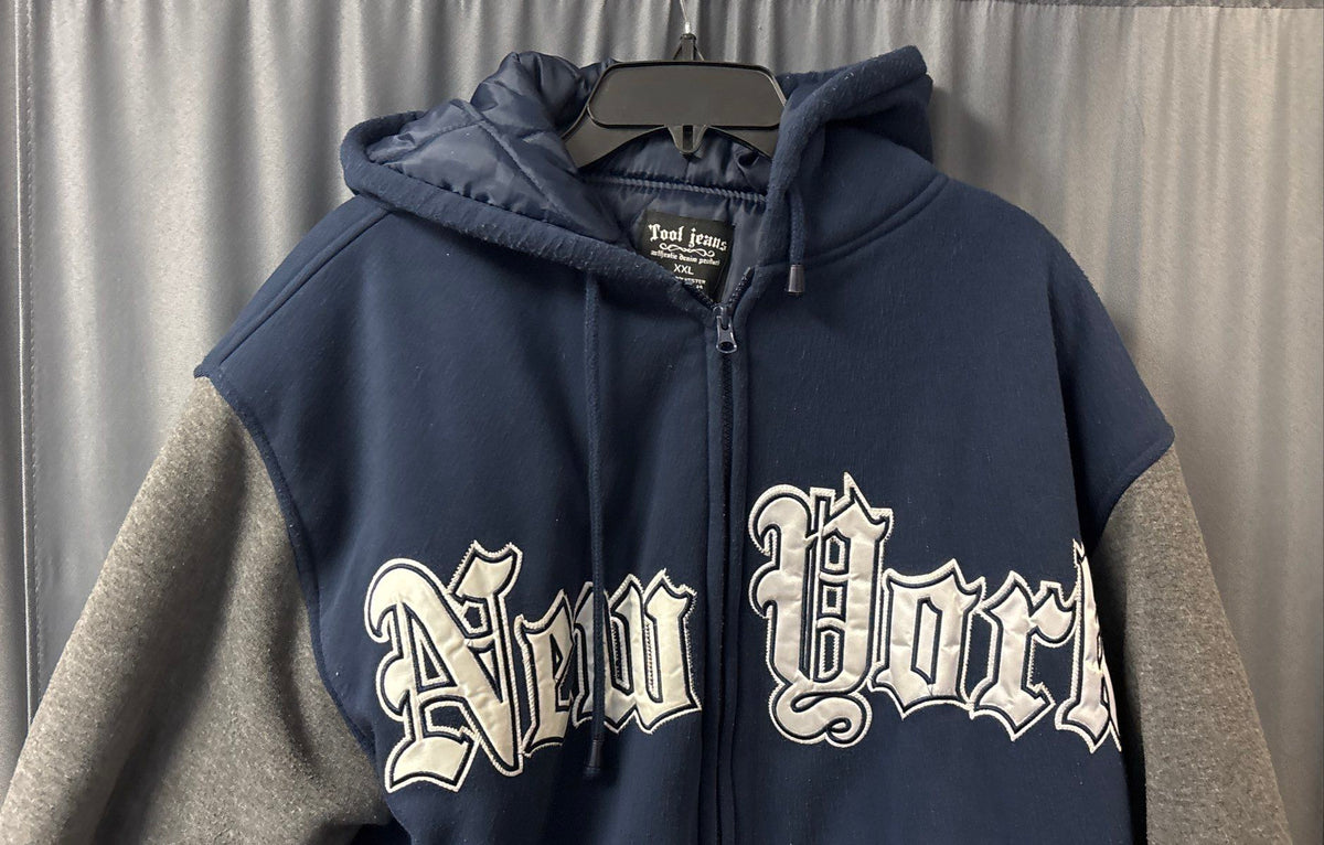 Vintage Tool Jeans Men's New York Quilted Zip Hoodie Jacket Navy Gray Sz XXL