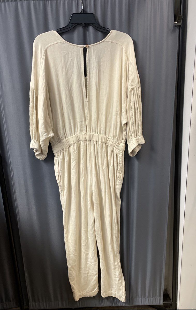 Free People Women's Skyline Jumpsuit Beige Linen Blend Puff Sleeve Pleated Sz XS