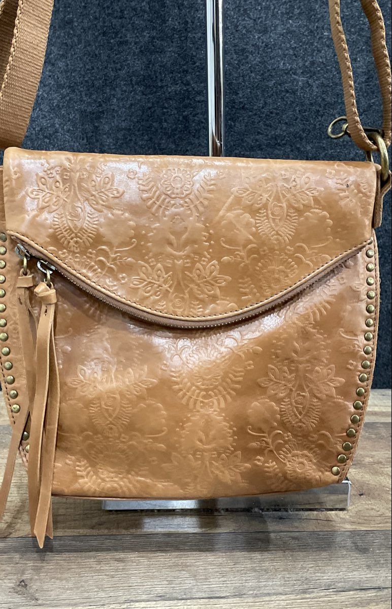 The Sak Tan Floral Embossed Leather Silverlake Flap Crossbody Bag Studded