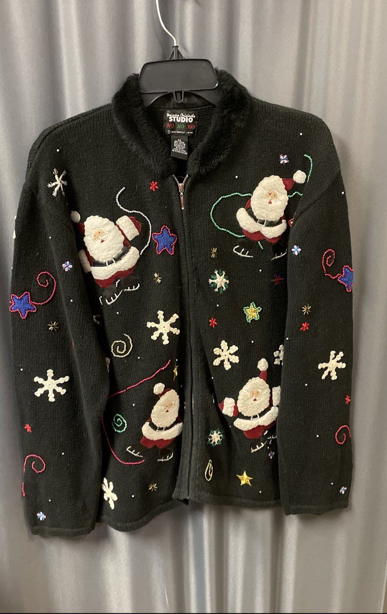 Vintage Y2K Designers Originals Studio Women's Black Santa Christmas Cardigan 2X