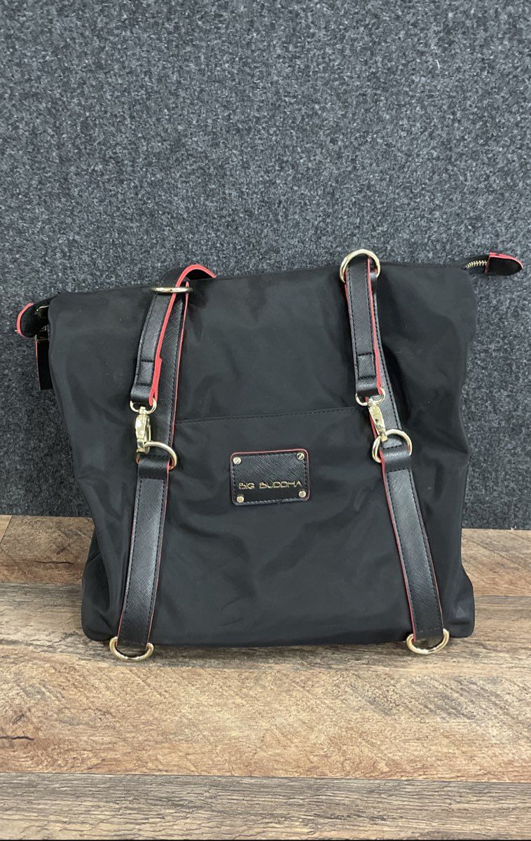 Big Buddha Black Nylon Large Tote Handbag Red Trim Gold Hardware
