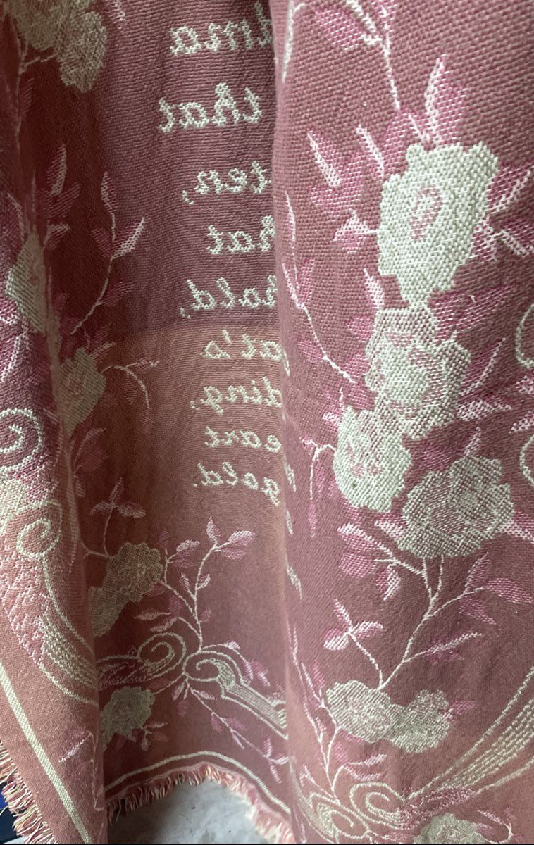 Vintage Grandma Tapestry Throw Blanket Woven Fringe Floral Rose Verse Pink