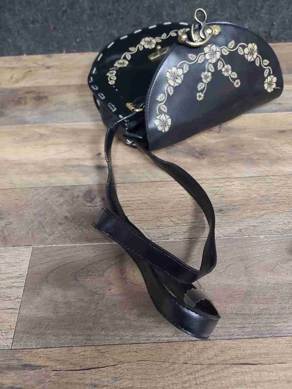 Black Floral Faux Leather Whipstitch Crossbody Saddle Bag Brass Hardware