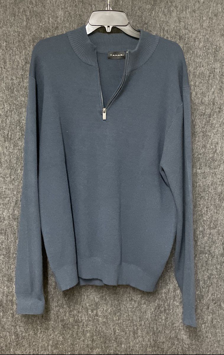 Tahari Men's Blue Ribbed Mock Neck Quarter-Zip Sweater Size Large