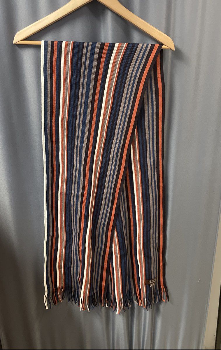 Le Ferre Unisex 100% Pure Wool Striped Scarf Earth Tones Orange Navy Gray Fringe