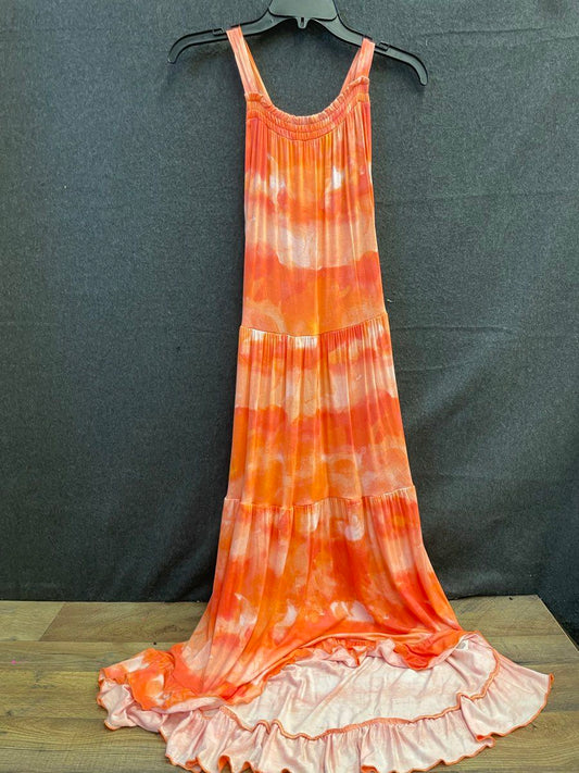 Willow Drive Coral Clouds Tie Dye Tiered Maxi Dress Smocked Ruffle Hem NWT Sz M
