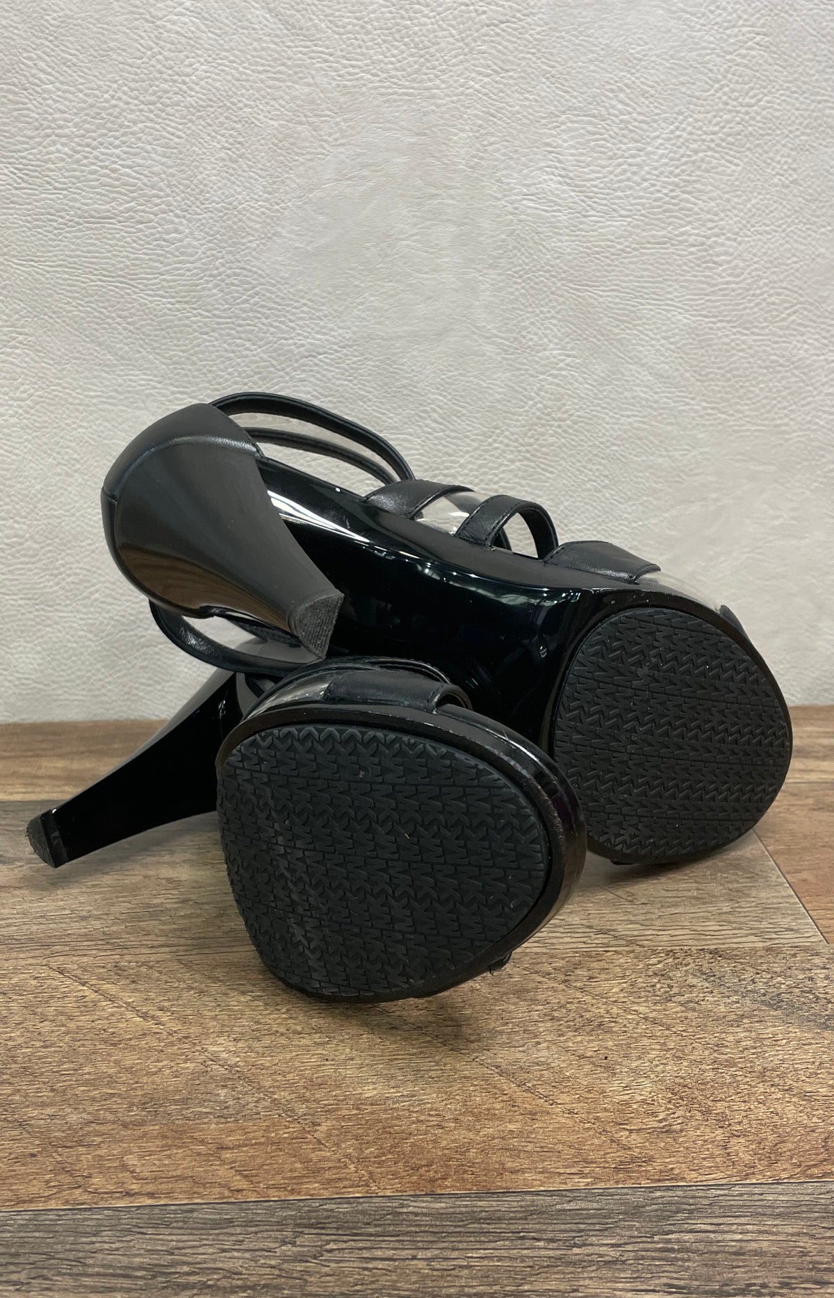 Michael Kors Black Leather PVC Strappy Front Zip Heeled Sandals Size 8.5