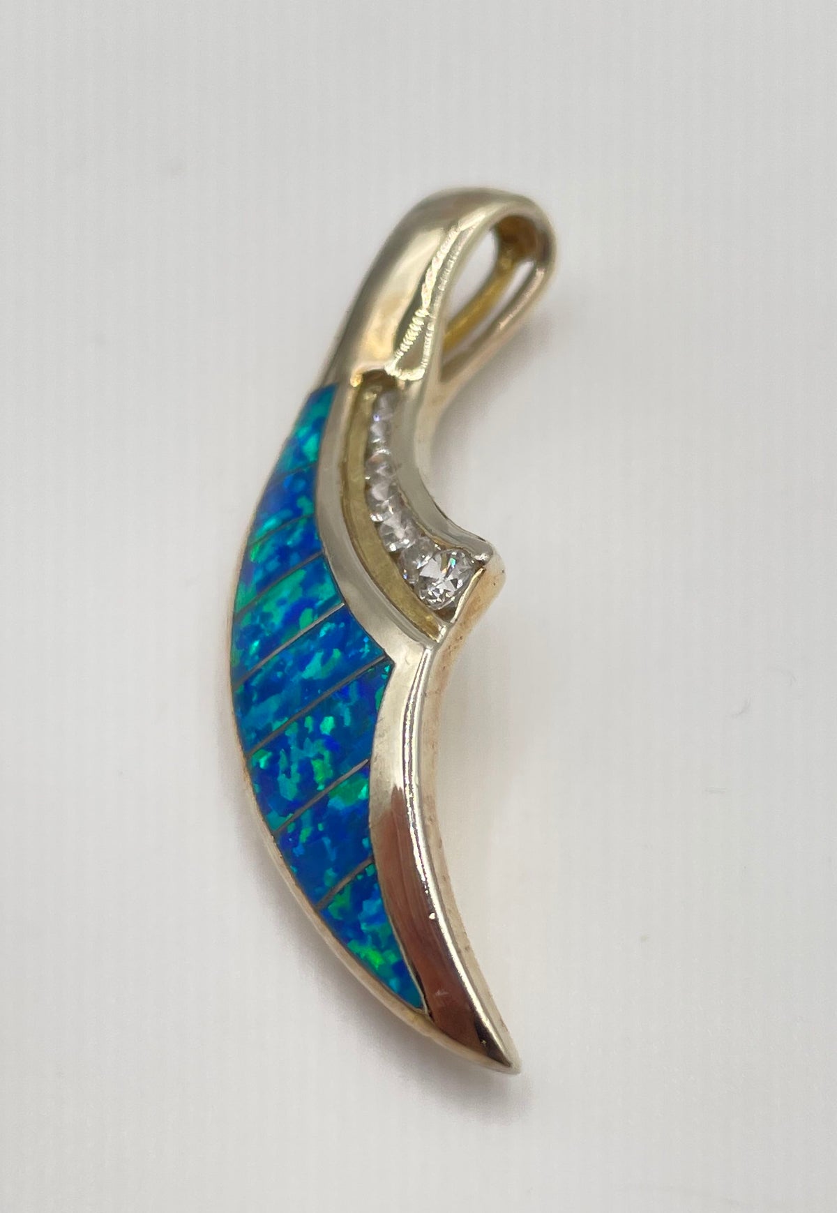 925 Sterling Silver Gold Tone Blue Opal Inlay CZ Accent Pendant 5.7g