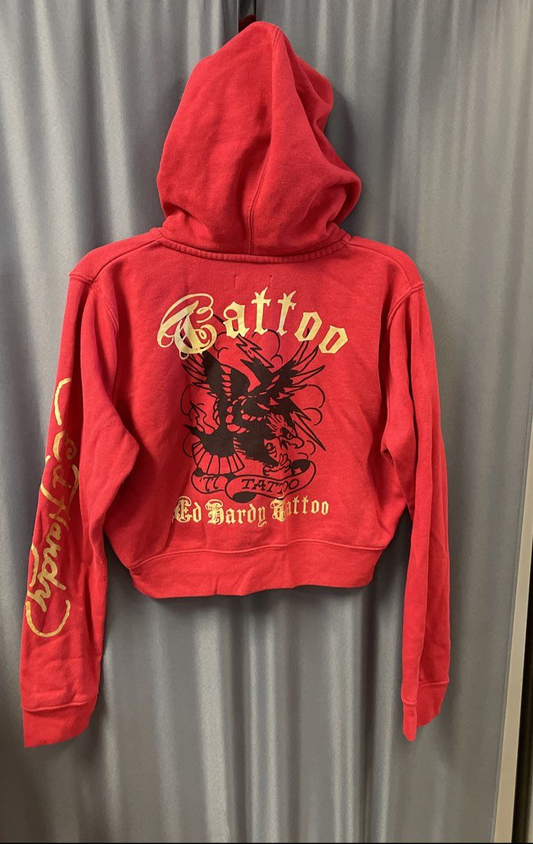 Ed Hardy Women's Red Broken Hearts Tattoo Graphic Eagle Crop Zip Up Hoodie Sz XL