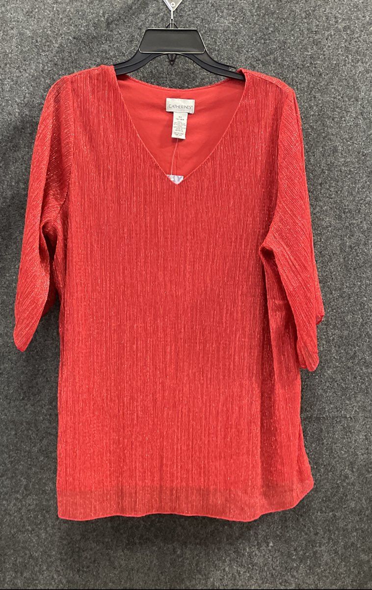 Catherines Women's Red Metallic Pleated V-Neck Lined Top Size 0X NWT