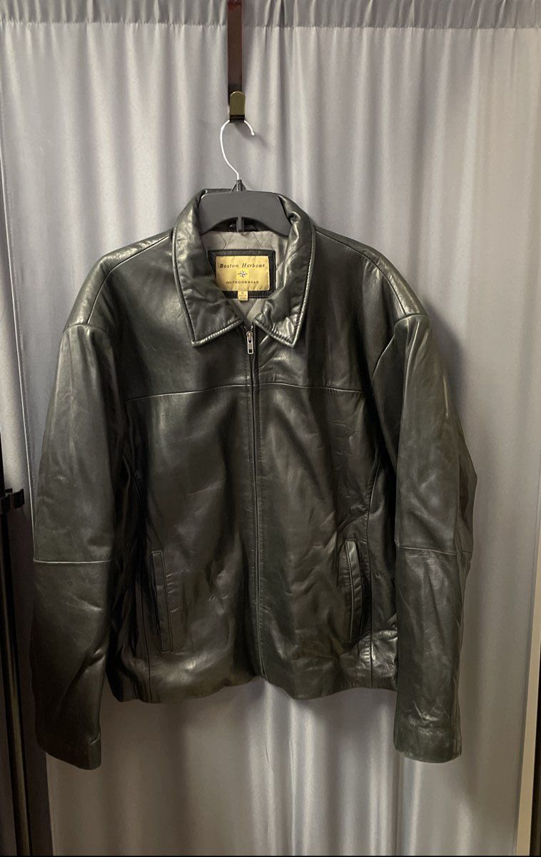 Vintage Y2K Boston Harbour Men's Black Genuine Leather Zip Jacket Quilted Sz XL